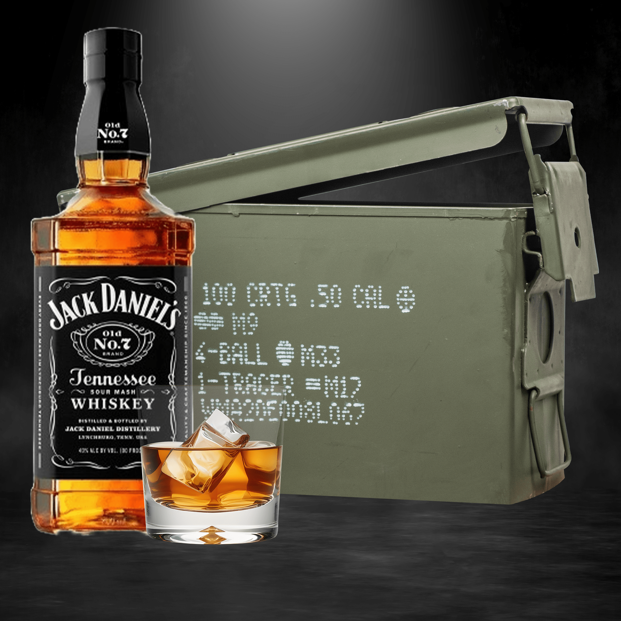 Jack Daniel’s Tennessee Whiskey bottle inside authentic ammo can gift set